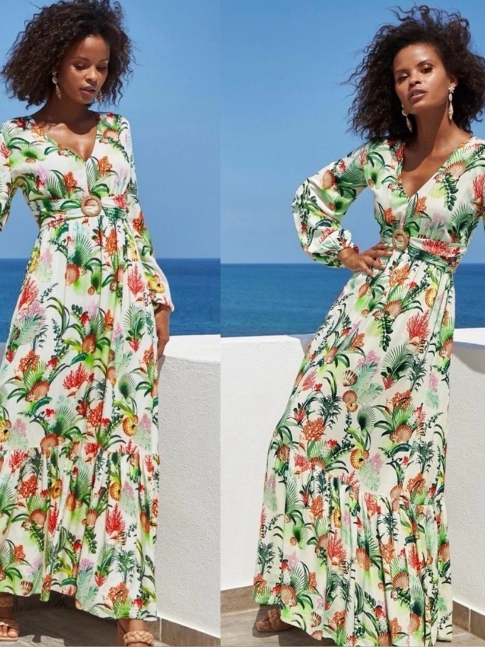 Boston Proper Sea Life Tropical V-Neck Empire Waist Long Sleeve Maxi Dress 4
